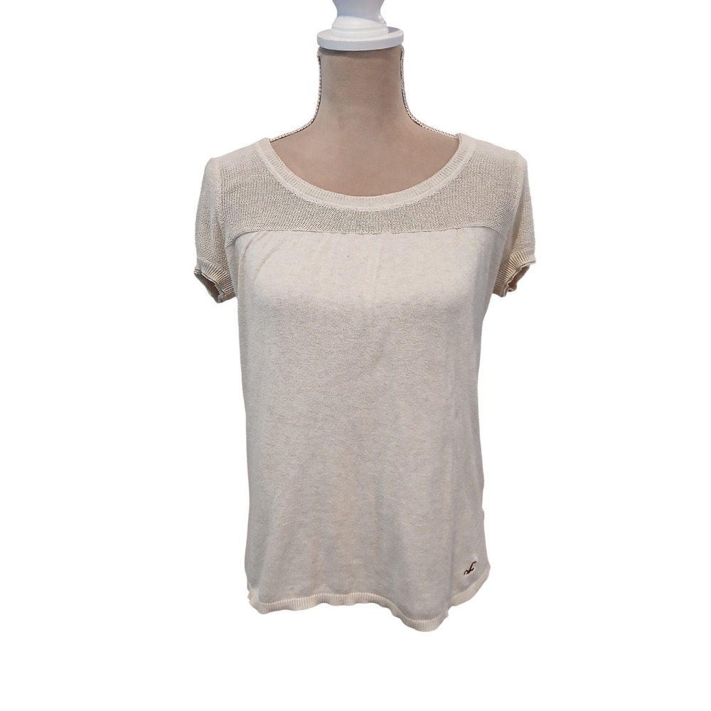 Hollister Womens Cream Short Sleeve Knit Top Open Stitch Yoke Size Medium y2k